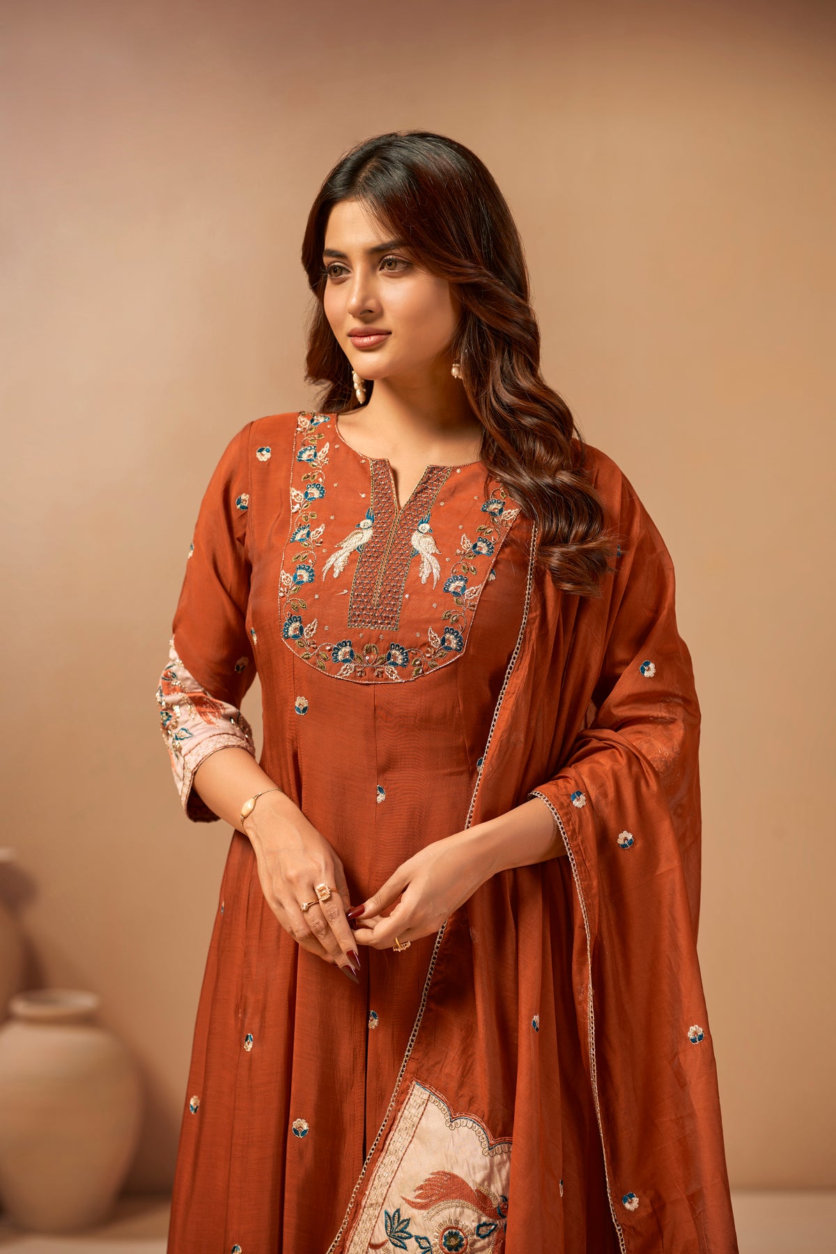 Rust Embroidered Applique Designer Kurta Set