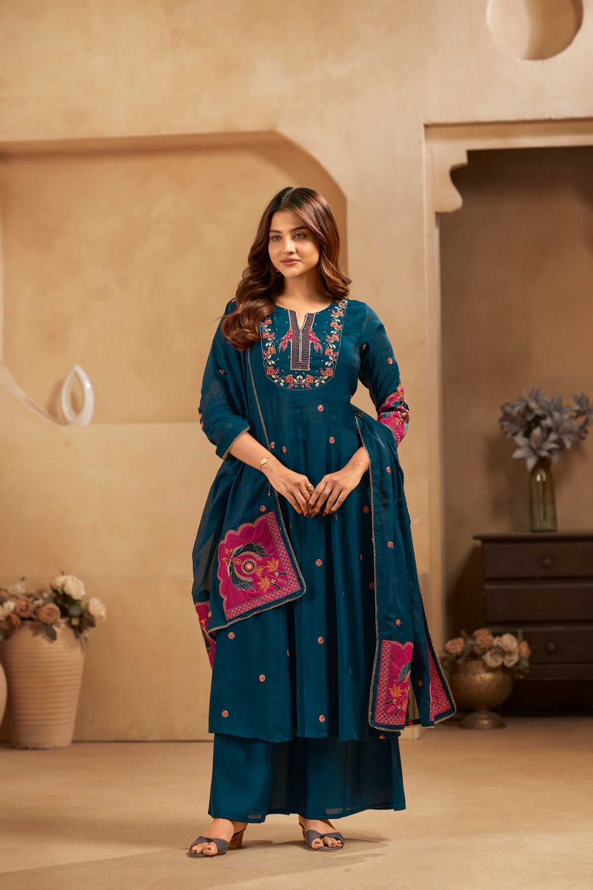 Teal Embroidered Applique Designer Kurta Set